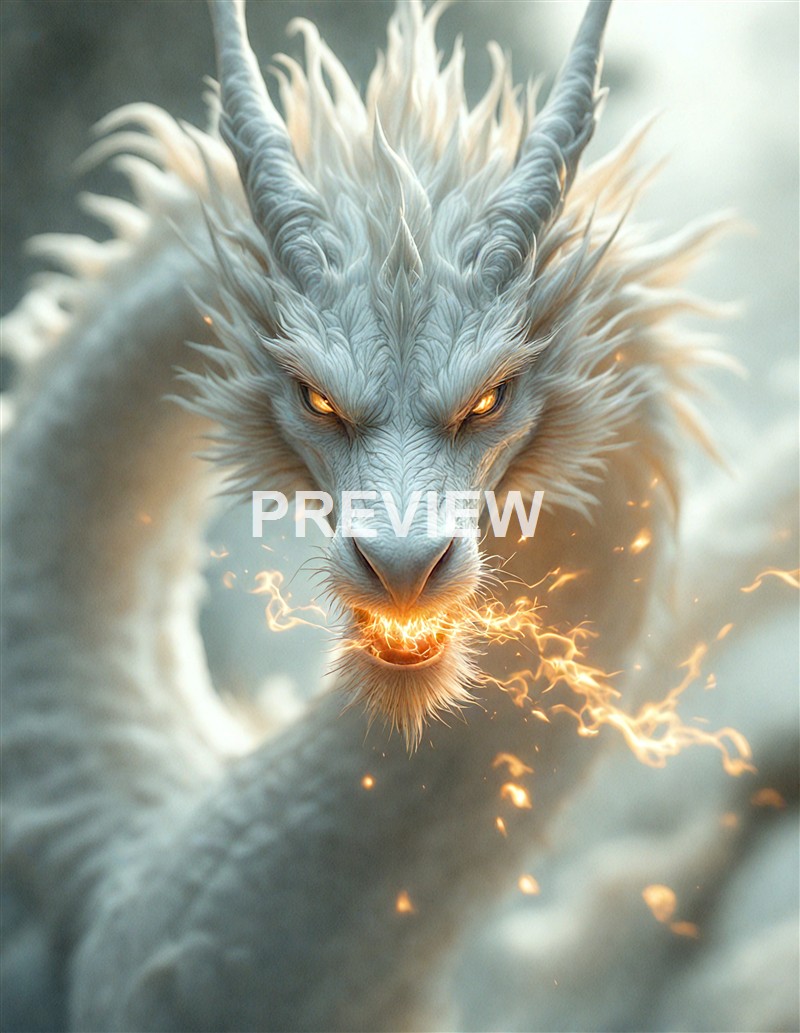 A fierce, mythical white dragon with glowing eyes and fiery breath, surrounded by sparks and smoke, appears to be in motion with an intense expression.